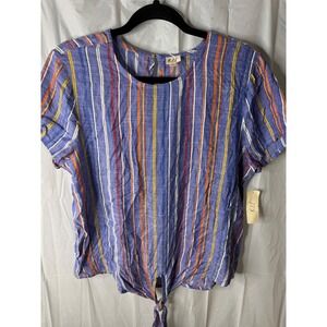 K.I.T. Striped Tie Front Short Sleeve Top Blue Red Yellow White Size Medium